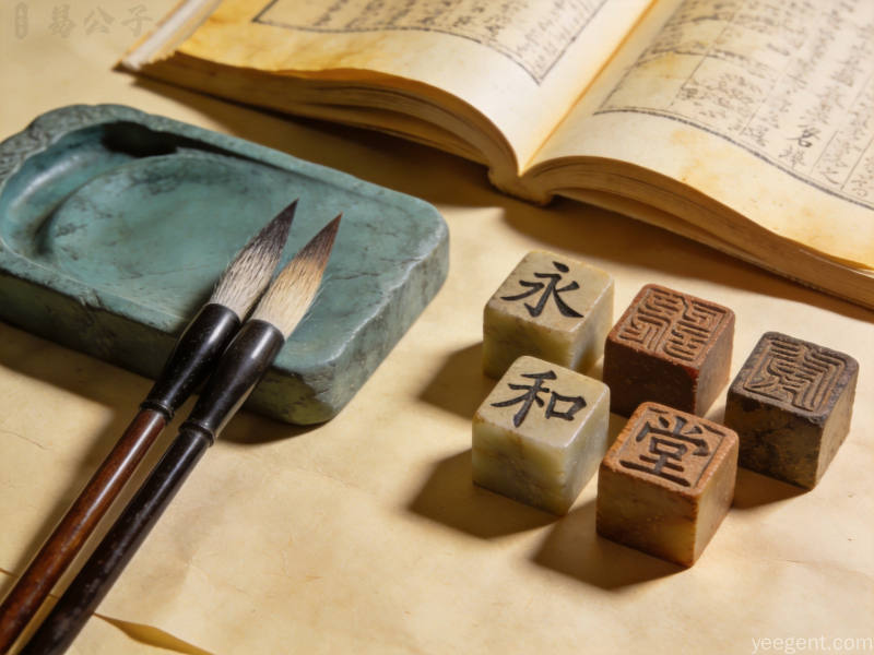 宣纸质感背景上摆放古籍书页毛笔砚台与印章展现传统取名文化