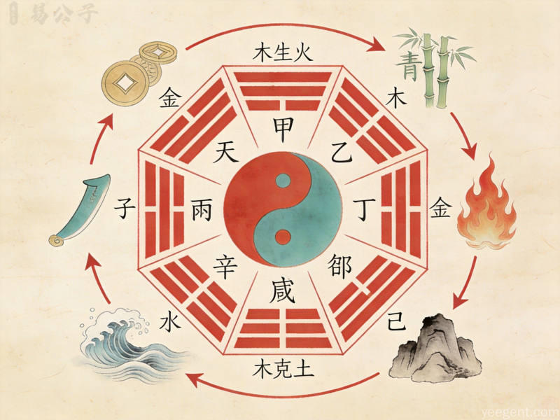 宣纸纹理背景上展示天干地支符号与五行相生相克关系图解
