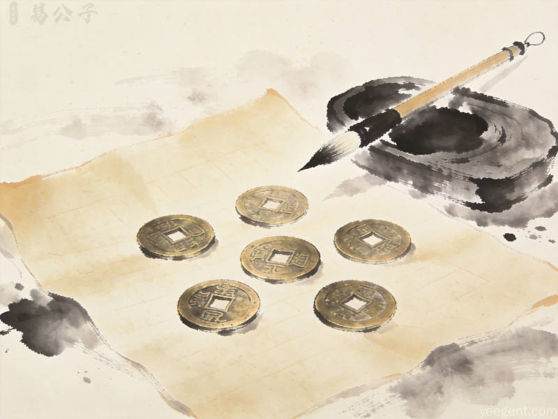 水墨风格画作六枚古铜钱散落宣纸之上旁有毛笔砚台展现传统起卦工具