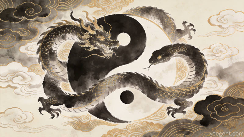国潮风格蛇龙纹样交织的传统吉祥图案