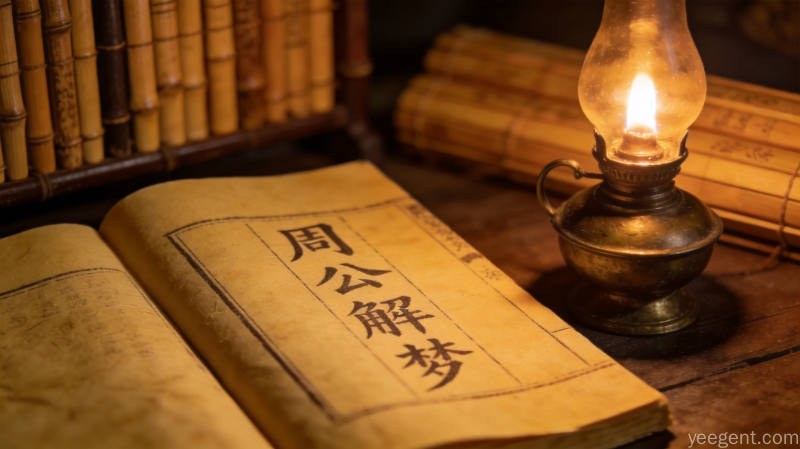 传统线装古籍周公解梦书页与铜油灯特写