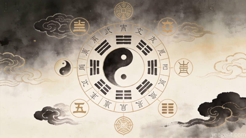 水墨风格天干地支命盘图案与太极符号