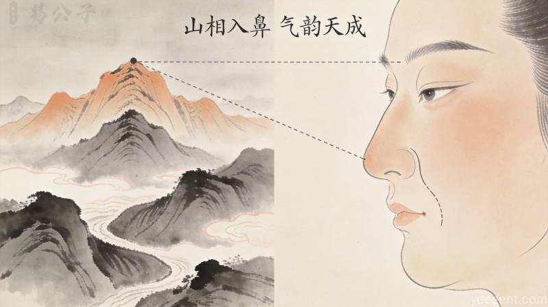 水墨嵩山实景与面相鼻部特征的叠画对比