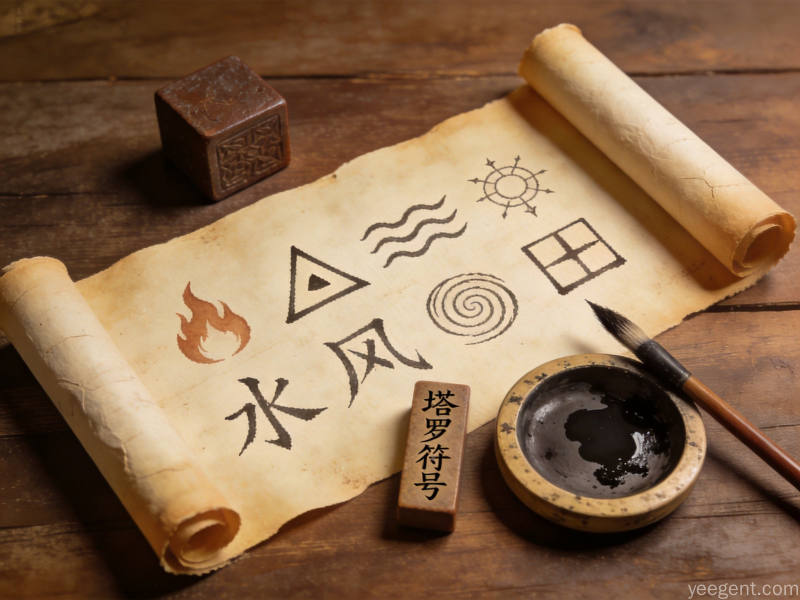 塔罗牌符号语言的四元素编码，古老符号排列在卷轴上的传统意象