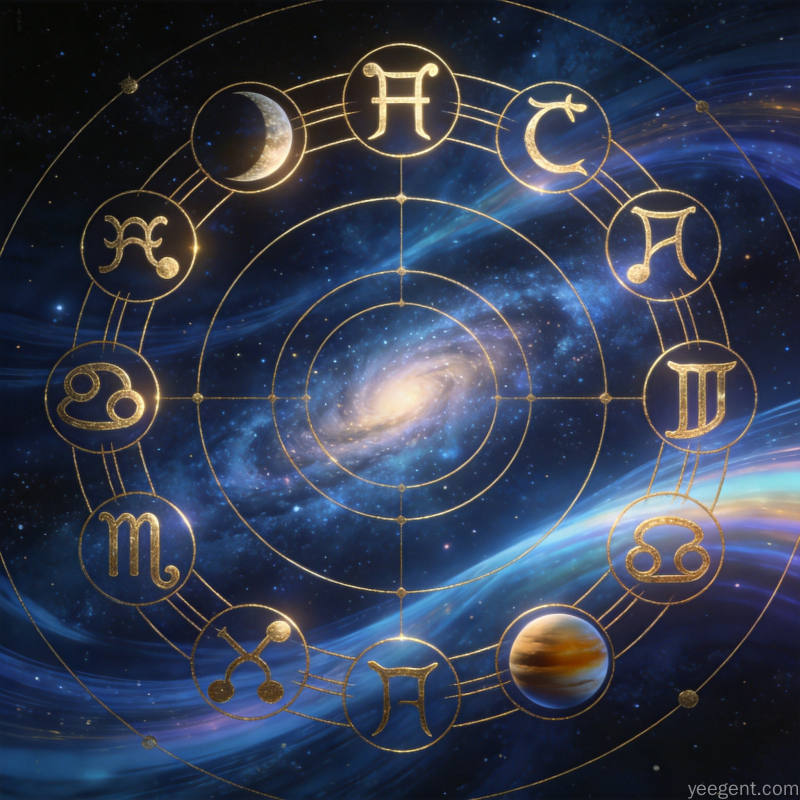 星座符号与行星轨道的抽象艺术,金线勾勒的圆形星盘图案
