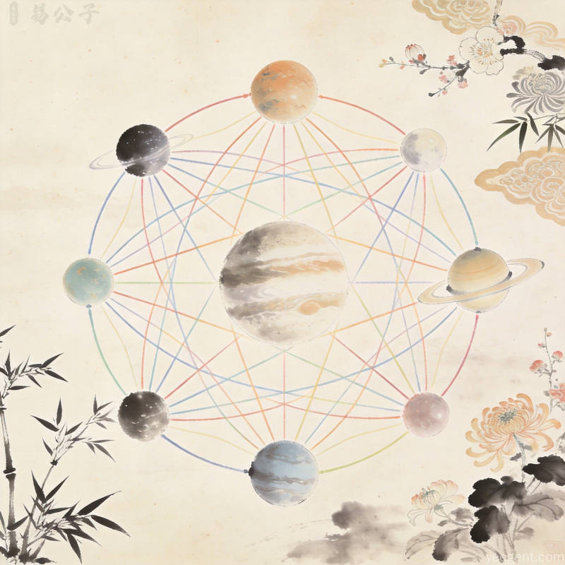本命星盘能量网络,多颗行星通过彩色线条交织成网状结构