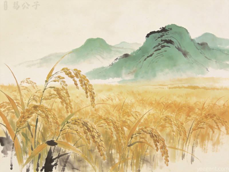 秋季传统意象，金色田野稻穗与远山轮廓的水墨画风格