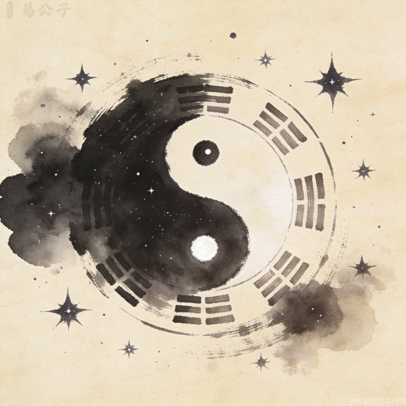 水墨风格太极八卦图搭配星辰元素,宣纸纹理背景