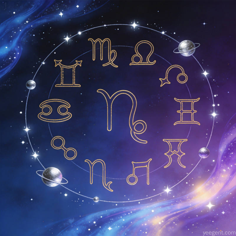 深蓝紫星空背景下行星运行轨迹示意图,星河光带环绕