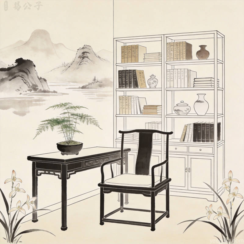 中式书房空间简笔线条画,融入山水意境与绿植