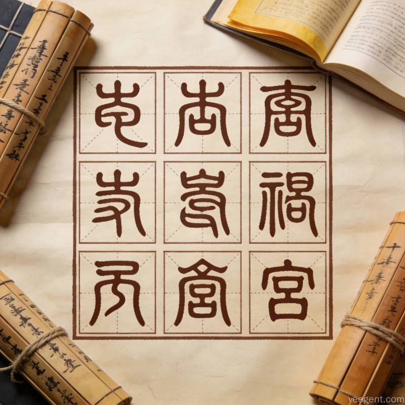 青绿山水风格八卦九宫图，融入星象与罗盘元素