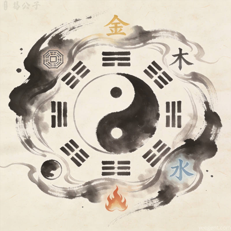 水墨风格的太极五行图案搭配八卦符号