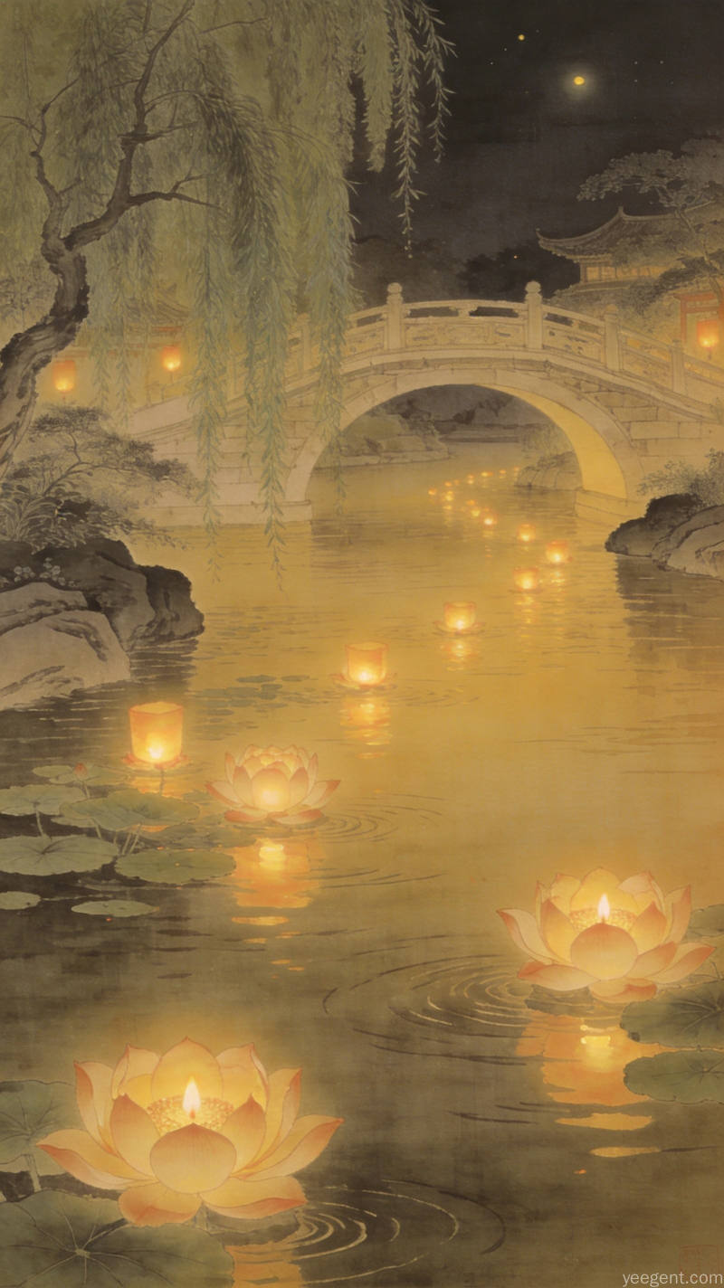 工笔画风格的夏夜河灯场景,荷花灯漂浮在宁静河面
