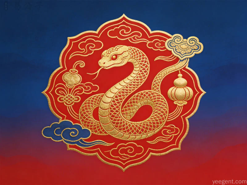 金线勾勒的生肖蛇图案搭配祥云如意元素