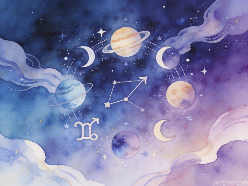 行星与星座符号交织,水彩晕染风格,靛蓝紫色渐变星空背景