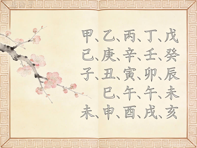 古籍书页与天干地支文字特写,线描淡彩,梅枝回纹边框装饰