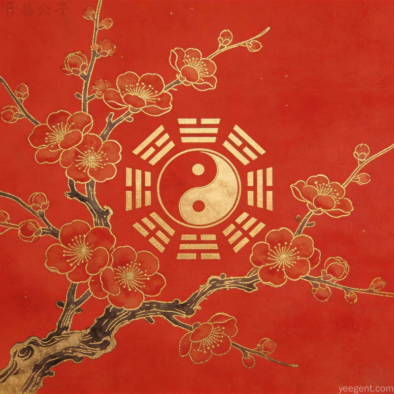 金线勾勒的八卦太极与梅花图案,红金配色喜庆典雅,尽显传统卦象文化韵味