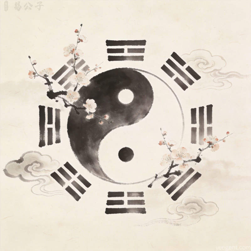水墨风格的八卦太极图案,搭配梅花枝与祥云纹,意境悠远,蕴含东方哲学韵味