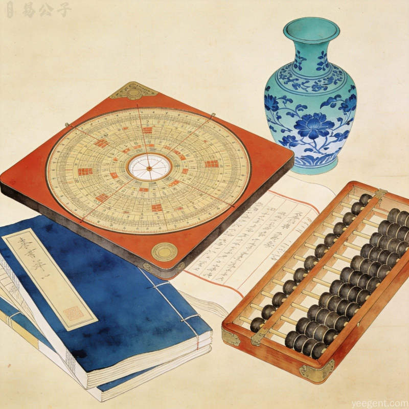 工笔重彩的罗盘、算盘与线装古书静物，青花瓷瓶点缀其间，古典书卷气浓郁