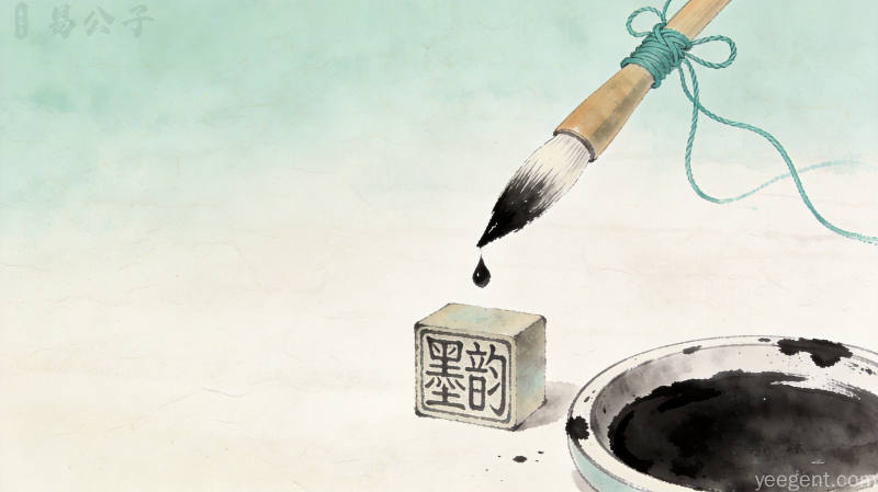悬停的毛笔笔尖滴落墨滴,墨韵印章与砚台相伴,水墨留白尽显文房雅趣