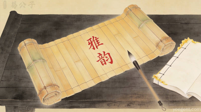 案上展开的仿古竹简书写雅韵二字,旁置毛笔与线装古书,工笔温润古朴