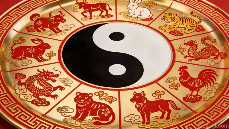 金红剪纸风格的十二生肖圆形图盘,太极与祥云回纹环绕,喜庆传统工艺