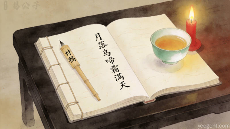 线装古书翻开诗句,诗稿毛笔与青瓷茶盏红烛相伴,暖调静谧古雅