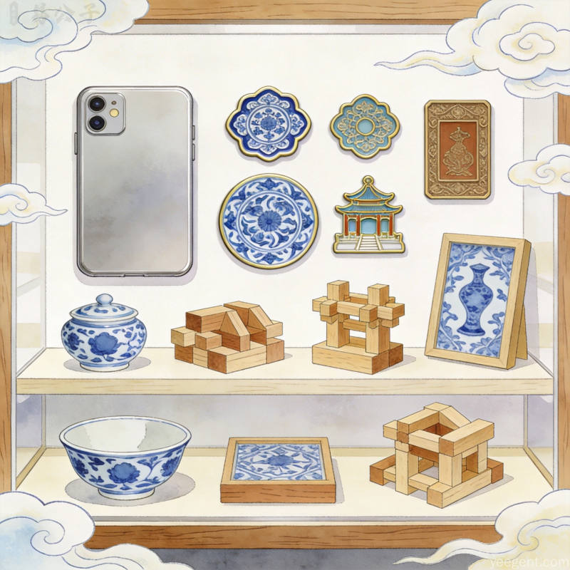 青花瓷与榫卯等文创藏品陈列展柜,传统工艺焕发新意