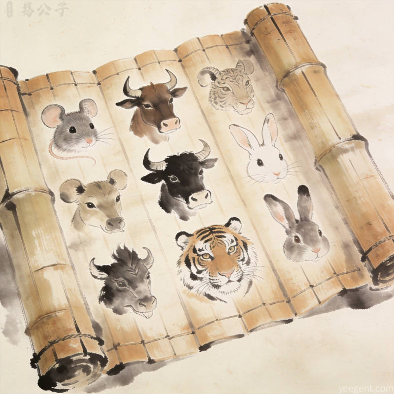 水墨竹简上绘生肖兽首，古雅质朴的传统生肖文化意象