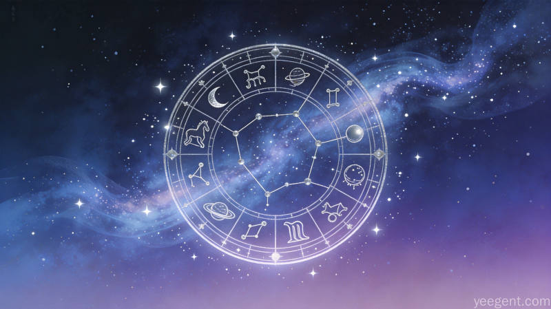 深蓝紫渐变星空下圆环星盘发光，星座符号与行星连线清晰，银河环绕神秘深邃