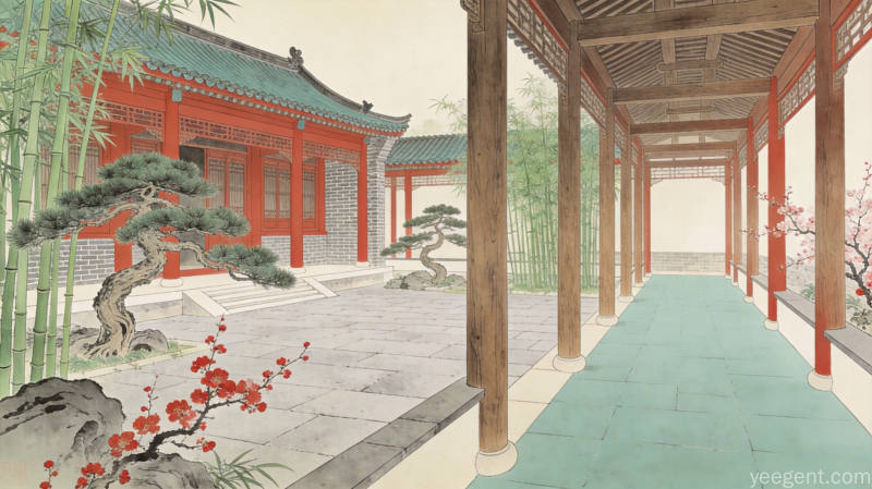 传统宅院内景红柱青瓦，苍松翠竹红梅点缀庭院，工笔界画雅致清幽