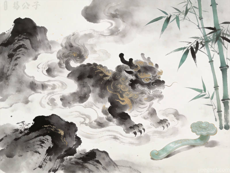 水墨晕染的貔貅半隐云雾山石之间，青竹如意相伴，描金点缀，意境悠远空灵写意