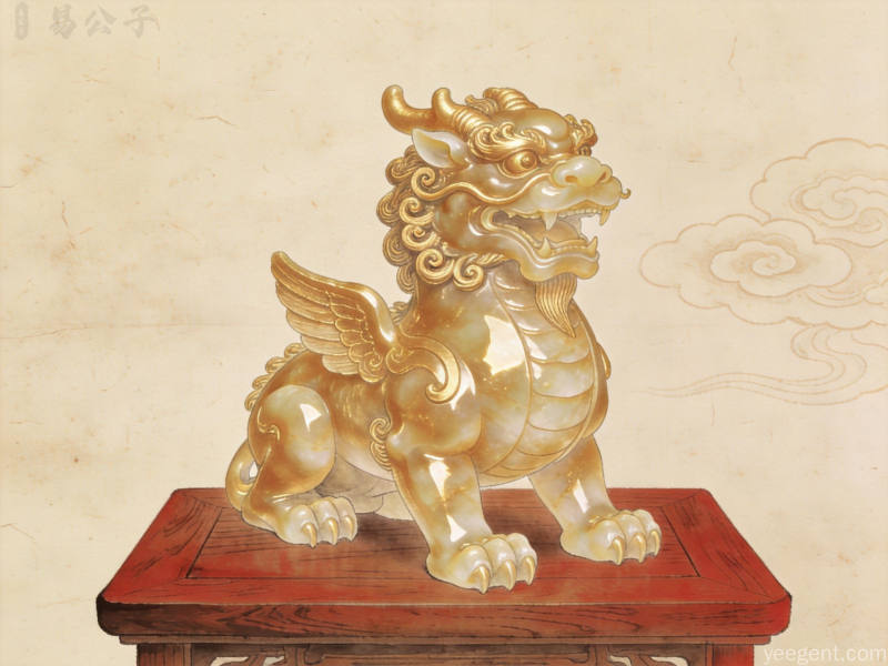 玉质鎏金貔貅摆件端坐红木台座，祥云纹样点缀，工笔细描温润华贵，寓意纳福守业