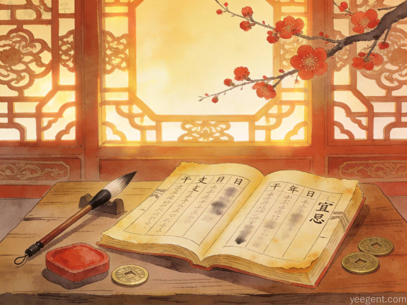 暖光花窗下老黄历古籍摊开,毛笔印泥铜钱相伴,红梅斜探,干支宜忌字样清晰,怀旧民俗