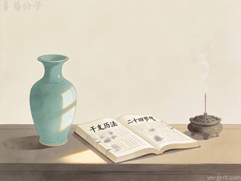 青瓷花瓶与干支历法古书相伴,香炉轻烟袅袅,午后暖光斜照,清雅静谧书卷气息
