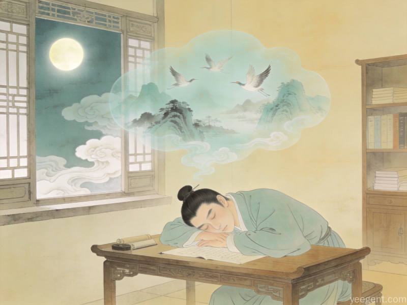 工笔淡雅古代书房中书生伏案沉睡,窗外满月祥云,梦境化作青绿山水飞鹤,温润典雅