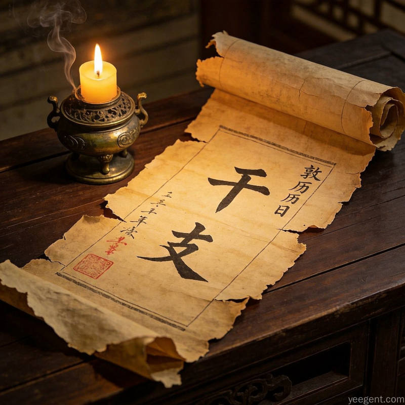 唐代敦煌历日残卷铺展木案,墨书干支朱砂批注清晰可见,青铜香炉轻烟袅袅,暖光烛照古朴沧桑