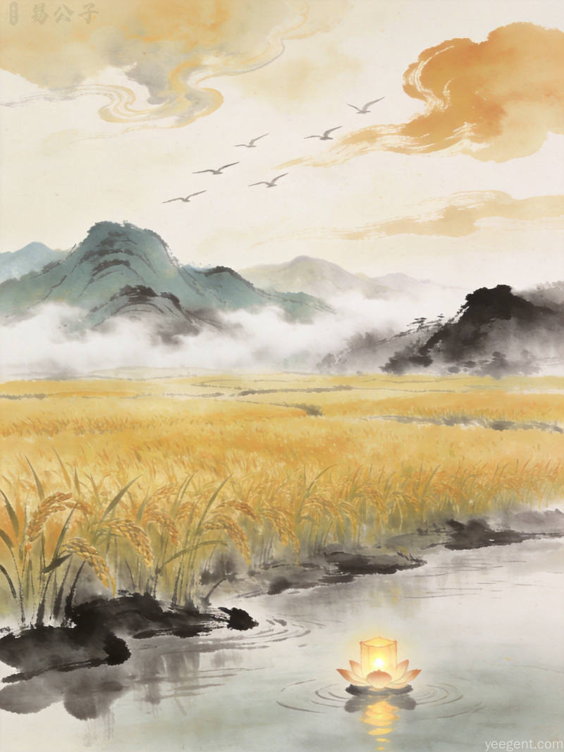 水墨意境秋日田野，金色稻田与远山薄雾相映，荷花灯在河面摇曳，秋云舒卷宁静悠远