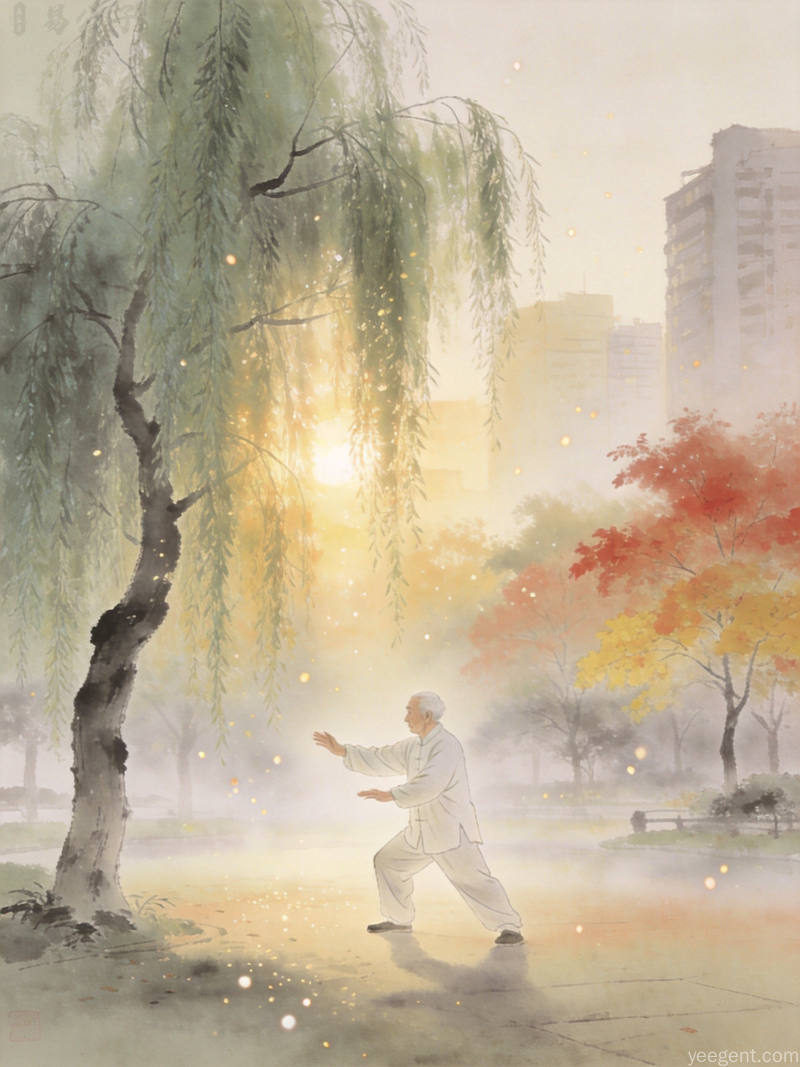 清晨薄雾公园，素衣老者于柳树下缓缓打太极，秋叶初染浅金晨光，悠然恬淡养生景