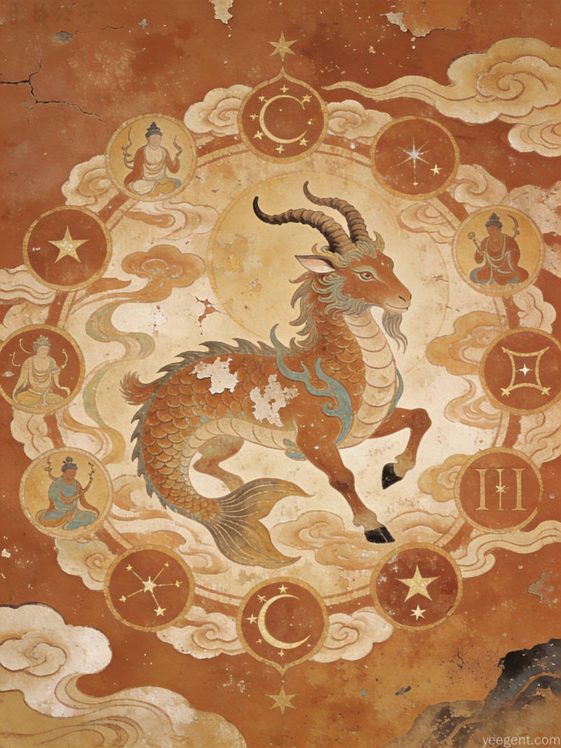敦煌壁画风格十二星宫瑞兽图,羊首龙鳞鱼尾造型环绕星宿纹样,赭红岩彩古朴厚重