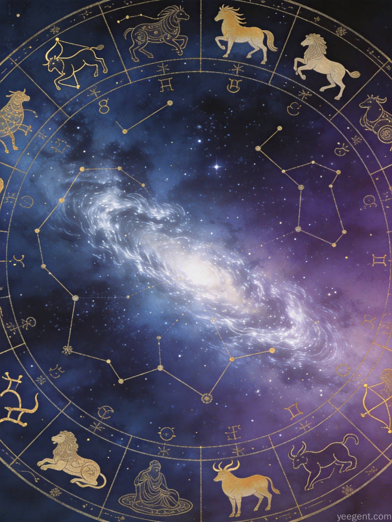 深蓝紫星空中金色线条勾勒黄道十二宫星盘,星座连线与符号若隐若现,银河光带神秘深邃