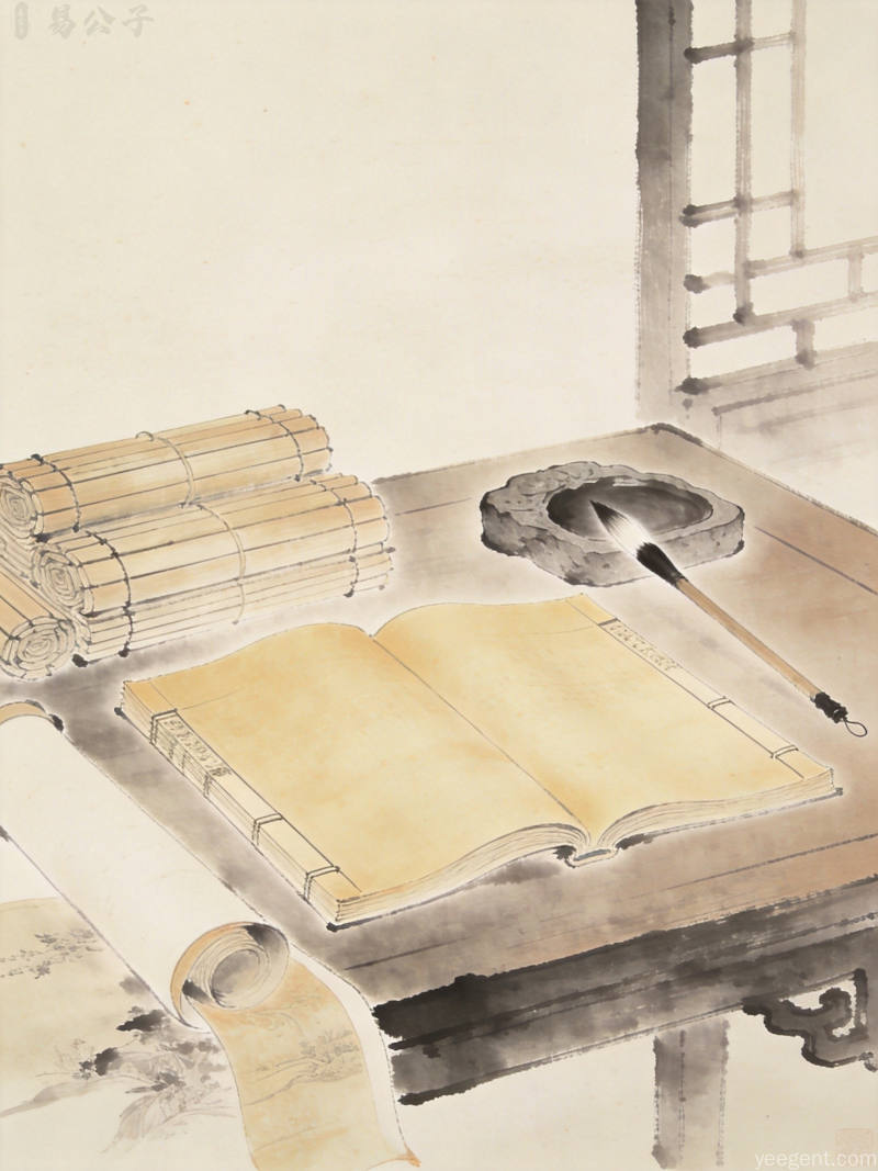 水墨书卷气书房场景,木案上竹简线装古籍与砚台毛笔陈列,纸色温润清雅静谧