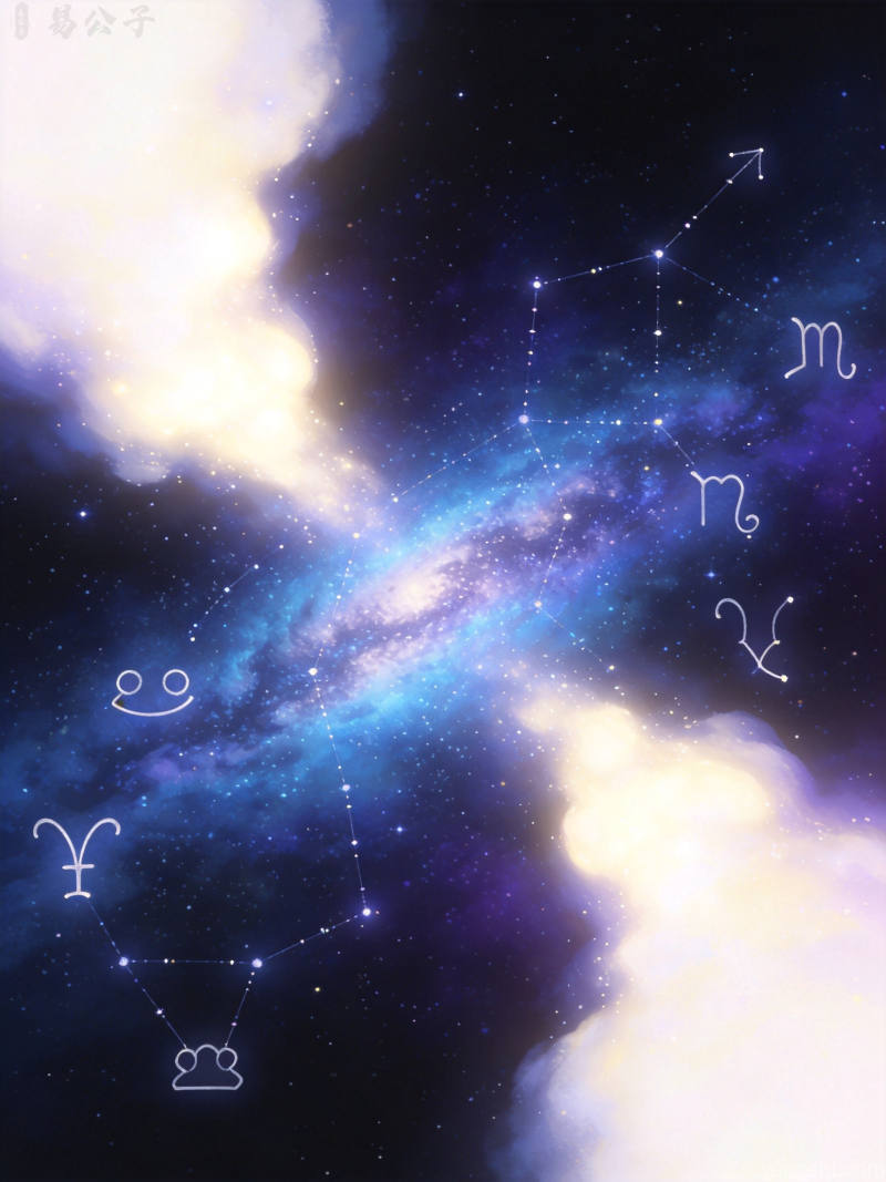 蓝粉渐变星空中一对剪影情侣牵手而立,星座符号与行星环绕,温馨浪漫