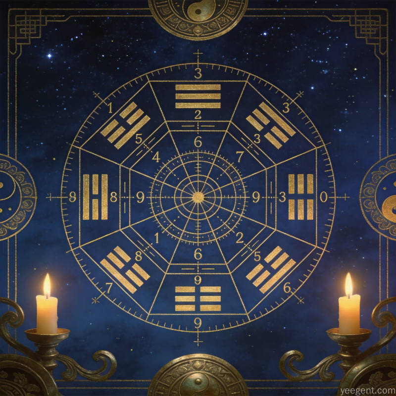 深蓝夜幕下的金色九宫洛书图,罗盘刻度与数字矩阵辅以烛光太极纹样,庄严神秘,带传统星象文化气息