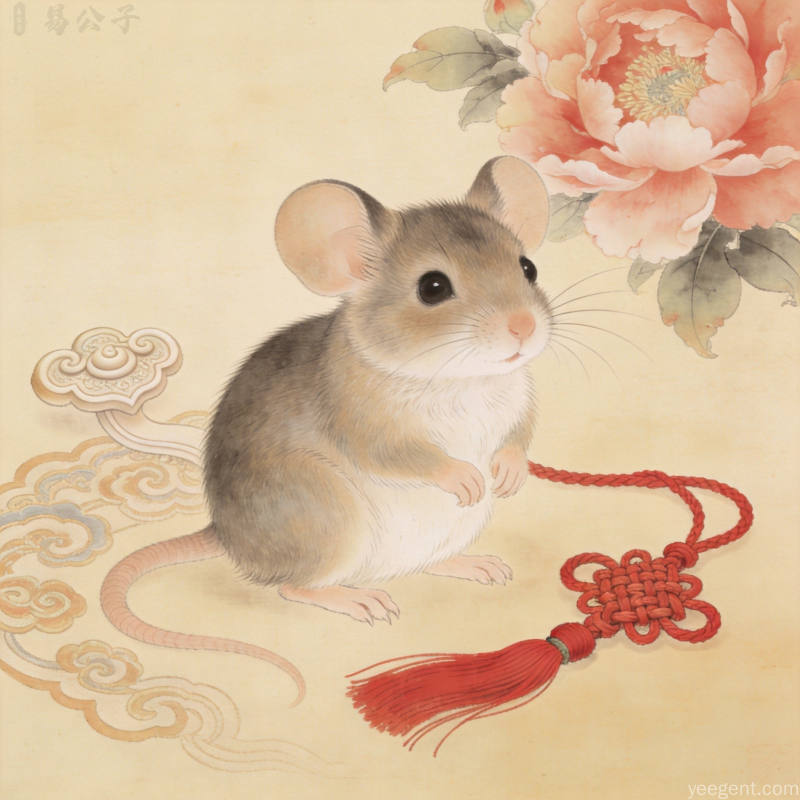 工笔花鸟风格生肖鼠立绘,机灵小鼠旁置系中国结红绳,辅以如意纹与牡丹点缀,暖色调温馨细腻