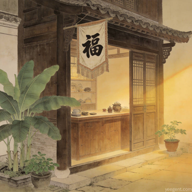 暖色工笔中式商铺门面,福字挂旗与柜台茶具,芭蕉盆栽点缀,温馨雅致