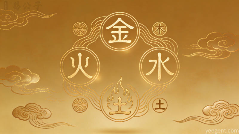 鎏金五行符号与篆体汉字环绕祥云纹样,书卷气息庄重,寓意生生不息,雅致大气