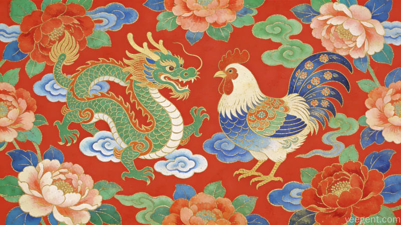 传统年画风格生肖龙鸡相对而立,牡丹与祥云环绕,矿物彩描金,热闹喜庆节日氛围浓