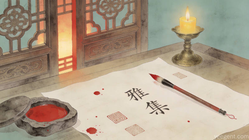 工笔淡彩书斋案头,朱砂墨迹与毛笔砚台烛台并置,棂格窗透暖光,清雅静谧