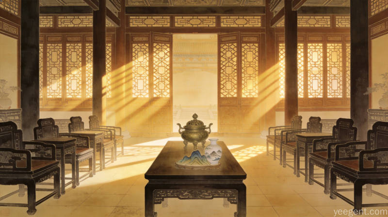暖色工笔中式厅堂内景,阳光透木格窗洒入,古木家具对称陈列,条案铜炉摆设,温馨雅致